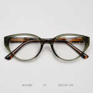 Cat-eye prescription eyeglasses frame with clear green rim and tortoise details for vintage style.