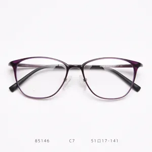 Detail view of purple plastic steel myopia glasses frame, classic oval design for women daily wear.