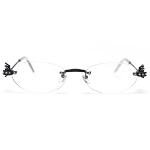 Rimless oval eyeglasses frame for women, fashionable rhinestone chic clear lens eyewear.