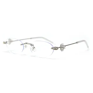 Trendy rimless oval eyeglasses frame with rhinestones for women fashion street style clear lens