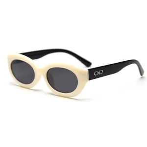 Retro oval cat eye polarized sunglasses for women and men, stylish black and white frame.