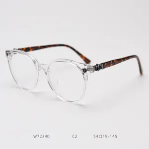 Close-up detail of clear frame optical glasses with tortoiseshell temples and metal hinges.