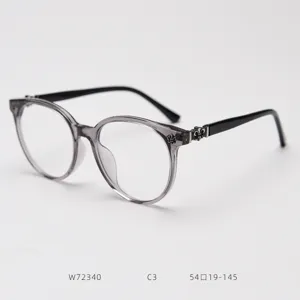 Clear round eyeglasses frame with metal temple decor, stylish optical eyewear piece.
