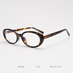 Close-up detail of vintage tortoise shell oval optical glasses frame, stylish unisex clear retro eyewear.