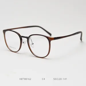 Detailed view of brown round optical eyeglass frame, lightweight plastic steel design.