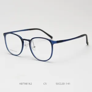 Detailed view of KBT98162 retro round optical glasses frame in dark blue plastic steel.