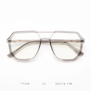 Monture de lunettes optiques gris transparent, design géométrique double pont tendance.