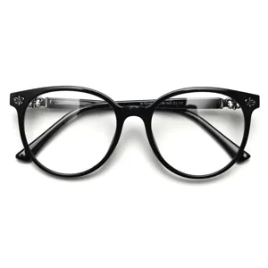 Classic black large round eyeglasses frame with vintage metal temple decor for daily wear.