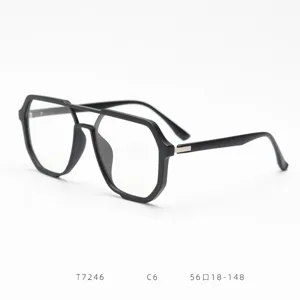 Vue détaillée de la monture de lunettes géométrique noire, lunettes rétro double pont.