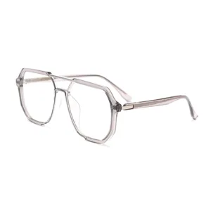 Monture de Lunettes de Vue TR90 Rétro Double Pont Polygone Lunettes de Lumière Plate Unisexe Mode