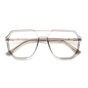 Monture de lunettes optique polygonale double pont gris transparent rétro unisexe chic.