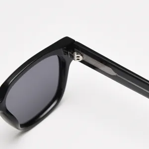 Detailed view of luxury black sunglasses hinge and temple, elegant metal logo design and frame.