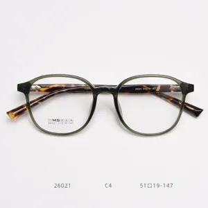 Detail view of TR90 round eyeglass frames featuring tortoiseshell temples and clear demo lenses.