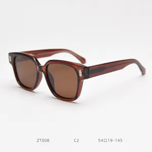 Detailed shot of brown frame polarized sunglasses, retro style, clear lenses view.