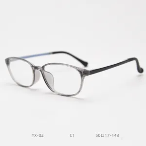 Lightweight optical glasses frame with grey front and black temples, clear daily wear style.
