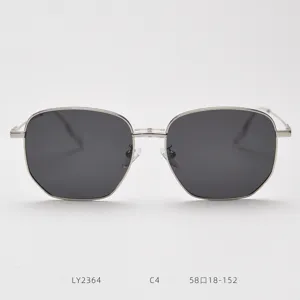 Detailed view of trendy polygonal metal polarized sunglasses in silver with dark lenses.