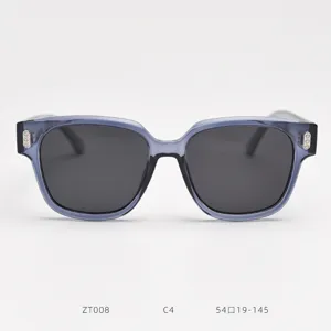 Detailed view of translucent grey square sunglasses frame with clean and stylish design.