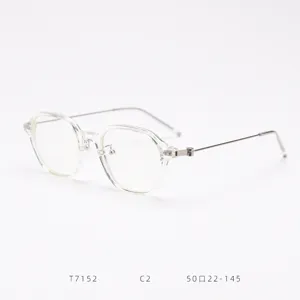 Clear TR90 optical glasses frame detail view, showing transparent rim and metal temple hinge.