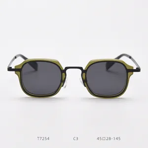 Detail view of retro metal polarized sunglasses with unique geometric frame design.