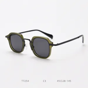 Retro square sunglasses detail shot featuring olive green frames and black metal temples.