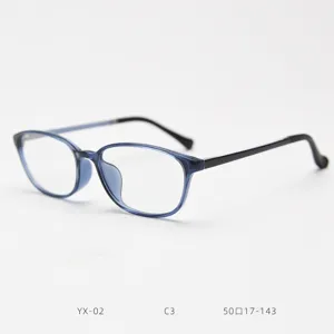 Detailed view of blue TR90 optical glasses frame, lightweight retro style spectacle.