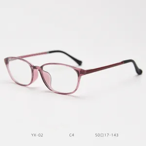 Detail view of the lightweight TR90 optical glasses frame in trendy pink and black.