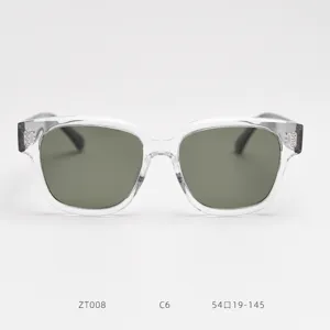 Clear frame oversized polarized sunglasses detail view, trendy retro eyewear with dark lenses.