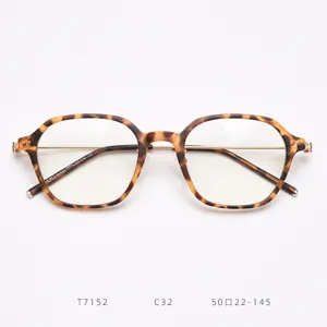 Detail shot of stylish tortoise shell TR90 square optical glasses frame with sleek metal accents.