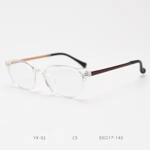 Detailed view of clear TR90 optical glasses frame with contrasting temples and size specs.