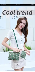 Green tweed crossbody bag with matching coin purse, stylish women shoulder bag for daily wear.
