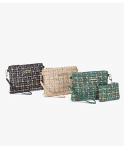 Elegant tweed clutch bag and crossbody set with premium bouclé fabric and metal chain strap.
