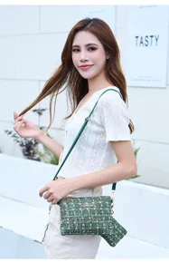 Elegant tweed crossbody shoulder bag with small pouch, stylish daily accessory detail view.