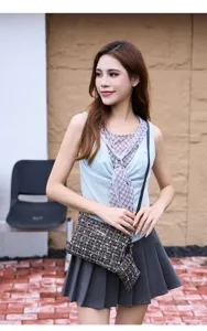 Stylish tweed crossbody bag with small coin purse, chic checkered shoulder bag for women.