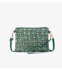 Green tweed crossbody bag and wristlet clutch, chic elegant compact cosmetic handbag for women.
