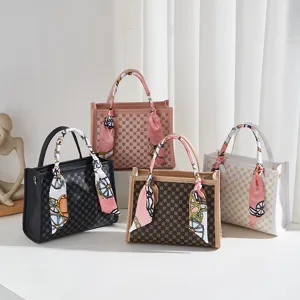 Borsa a Mano da Donna con Monogramma Stampato Borsa a Tracolla in Pelle PU con Foulard Semplice Borsa a Spalla Retro Quadrata