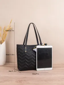 Schwarze gesteppte Damen-Shopper-Tasche, elegante Umhängetasche mit Zickzack-Muster.