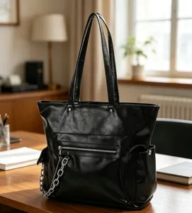 Détail de cabas en cuir noir brillant, poche zippée avant, chaîne métallique, style chic.