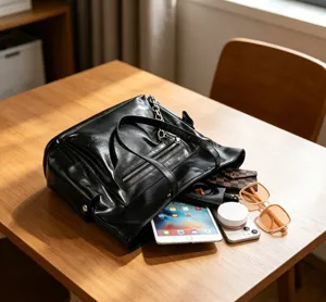 Vue détaillée d'un sac cabas en cuir noir avec chaîne, arrangé avec des accessoires de bureau.