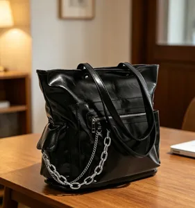 Gros plan d'un sac cabas noir brillant avec chaîne en métal, idéal pour le travail et le style.