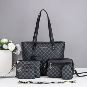 Women 6-piece tote bag set black diamond pattern casual large capacity shoulder handbag
