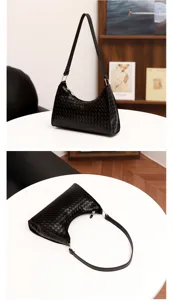 Schwarze geflochtene Leder-Umhängetasche Detail, elegante Hobo-Tasche mit Metalldetails.
