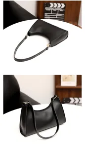 Schwarze PU Leder Schultertasche minimalistische Damen Handtasche Freizeittasche Modisch