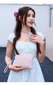 Pink tweed women clutch bag chic crossbody small purse stylish wristlet handbag accessory