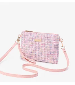 Pink Tweed Crossbody Bag Small Handbag Chic Shoulder Pouch Gold Hardware Stylish New