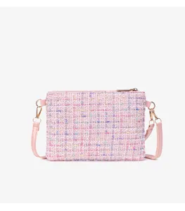 Pink tweed crossbody shoulder bag for women, cute chic daily small purse with gold hardware.