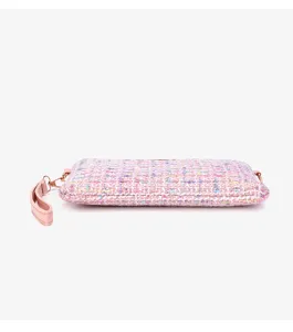Pink tweed clutch bag with wrist strap, elegant chic crossbody mini purse for women trendy daily.