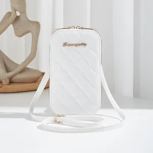 Bolso bandolera acolchado blanco para móvil de mujer, mini bolso elegante de rombos.