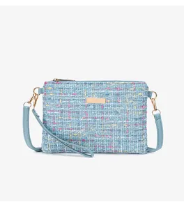 Detailed view of light blue tweed crossbody bag, featuring gold-toned hardware and zipper.