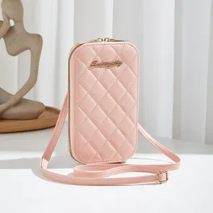 Bolso bandolera acolchado rosa para mujer, elegante bolso de cuero PU para móvil con herrajes dorados.