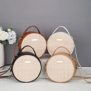Borsa a Tracolla in Paglia Intrecciata Tonda da Donna Estate Spiaggia Finiture in Pelle PU Borsa a Spalla Cerniera Casual Moda